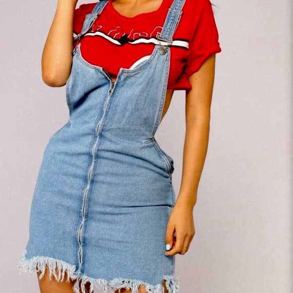 Papaya Denim Overall Style Mini Dress With Pockets And Frayed Hem Size Small - Picture 1 of 13